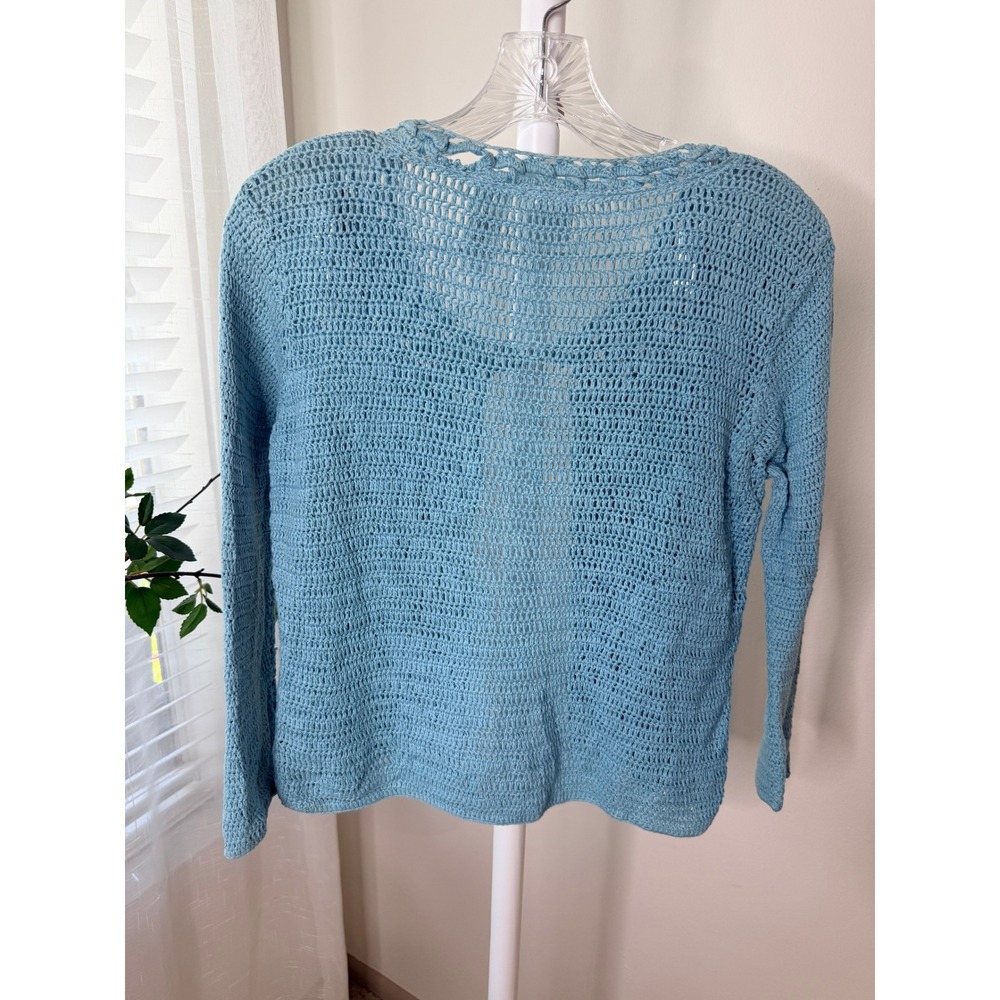 Emma James Liz Claiborne Blue Crochet Beaded Floral Tie Front Cardigan Sweater S - Picture 6 of 6